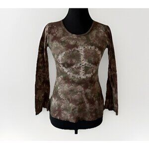 Knit Works Peace Y2K Long Sleeve Top Camo Size Medium Grunge Hippie Goblincore